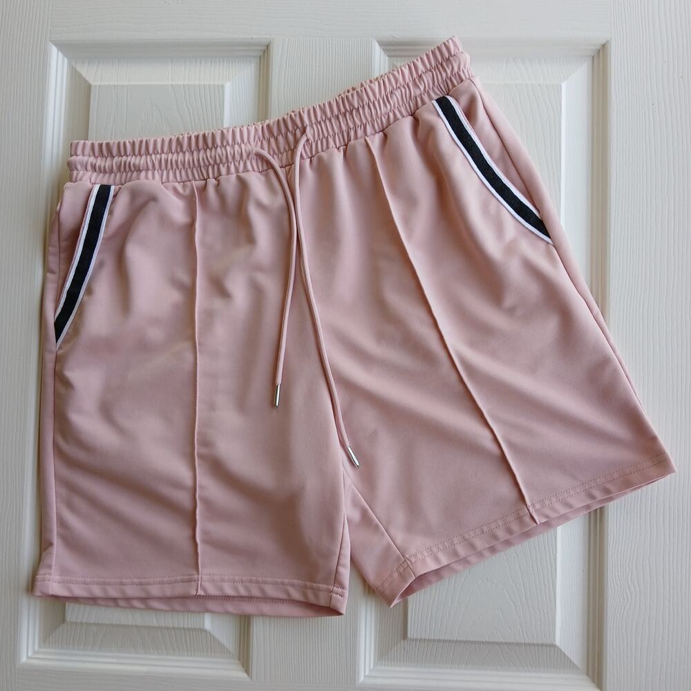 Shein Pink French Terry Shorts L contrast tape pockets drawstring elastic waist